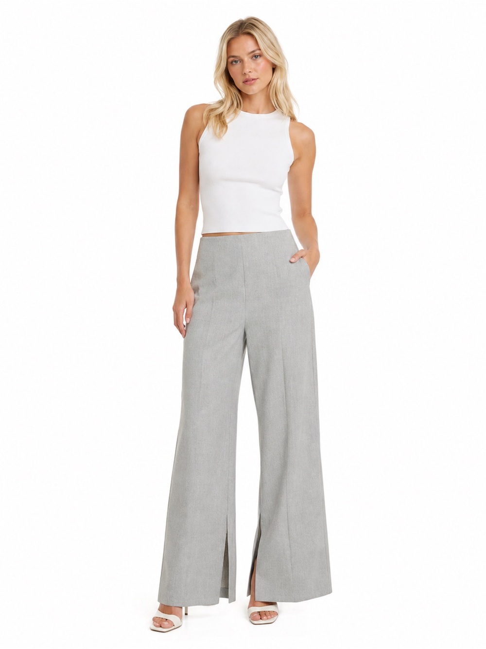 COMMENSE Light Gray Wide Leg Pants Inside Hem Slit High Rise Trouser Pants